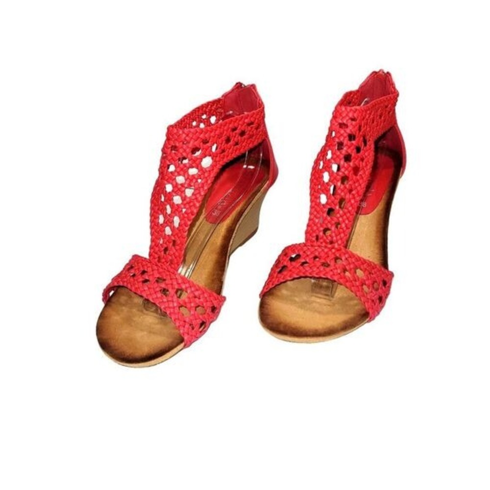 Patrizia Womens Red 8 Zip Sandals Open Toe Weaved T-Strap Wedge Summer Boho Work